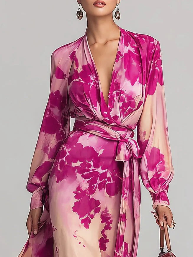 Ariadna | Vestido largo floral rojo con escote en V y cintura definida