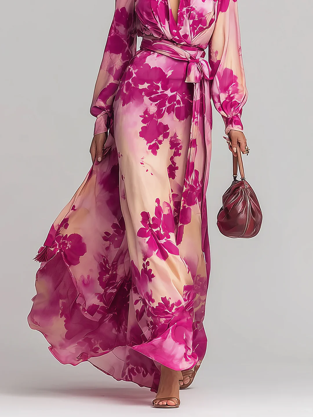 Ariadna | Vestido largo floral rojo con escote en V y cintura definida