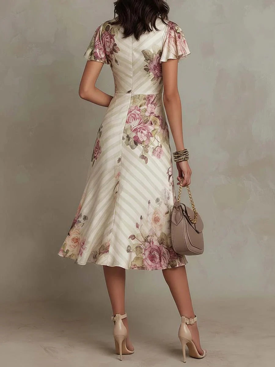 Alba | Vestido midi acetinado floral elegante estilo retro