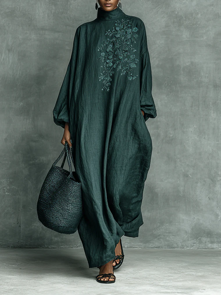 Leticia | Vestido maxi fluido com mangas compridas e gola semi-alta