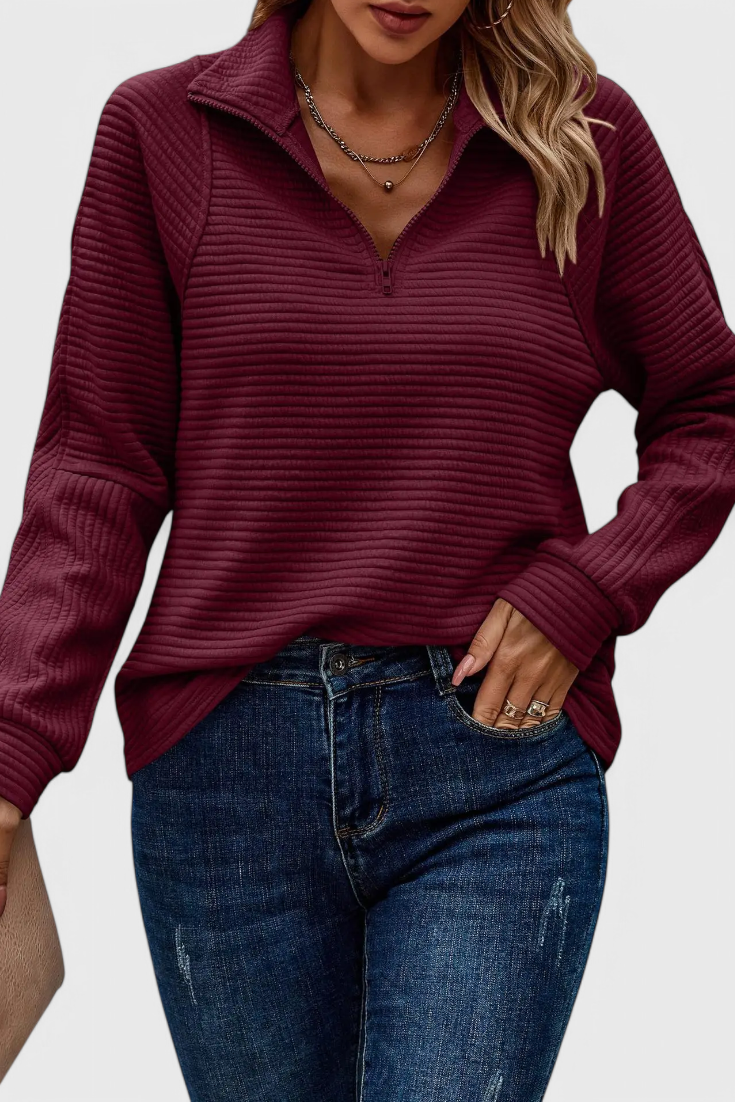 Helene Camisola de gola em V com fecho de correr e manga comprida