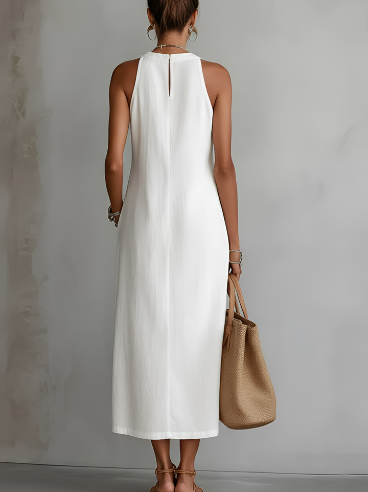 Jimena | Vestido branco midi de linho com gola mandarim