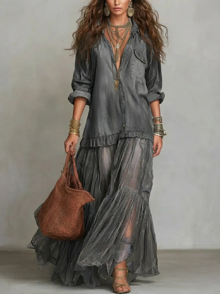 Jimena | Vestido comprido casual em ganga com retalhos e lapela retro para mulher