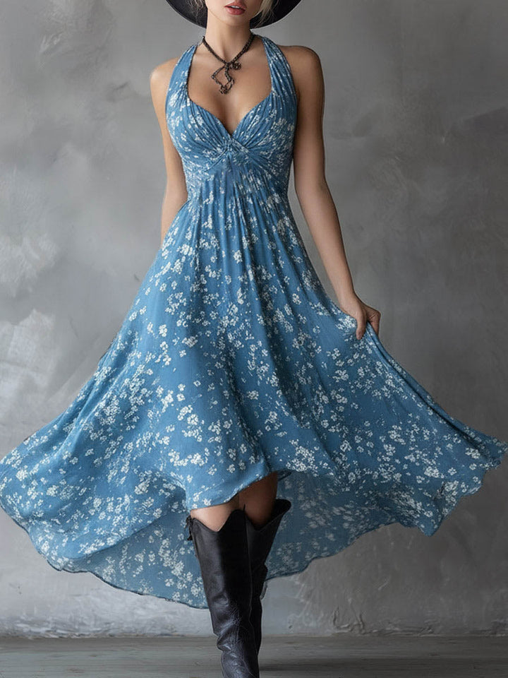Nadia | Vestido fluido com decote em V e costas tipo halter