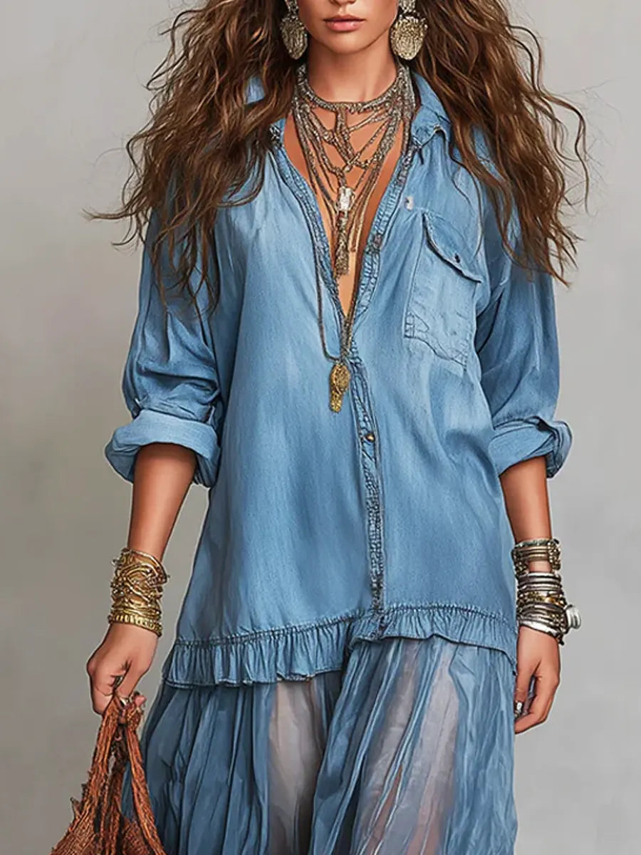 Jimena | Vestido comprido casual em ganga com retalhos e lapela retro para mulher