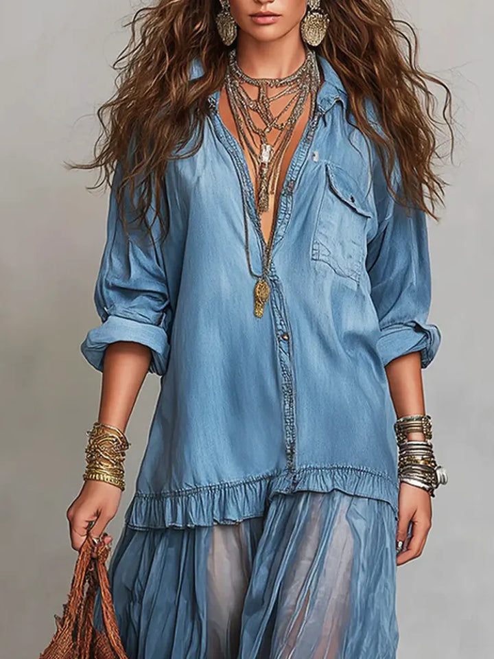 Jimena | Vestido comprido casual em ganga com retalhos e lapela retro para mulher