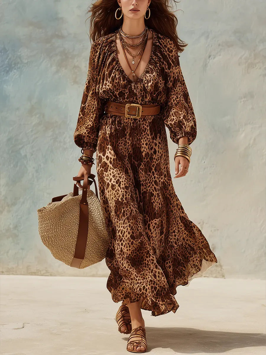 Carla | Vestido casual de mulher com padrão leopardo e decote em V
