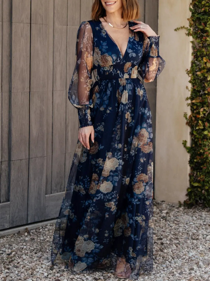 Alba | Vestido comprido fluído com decote cruzado e mangas esvoaçantes