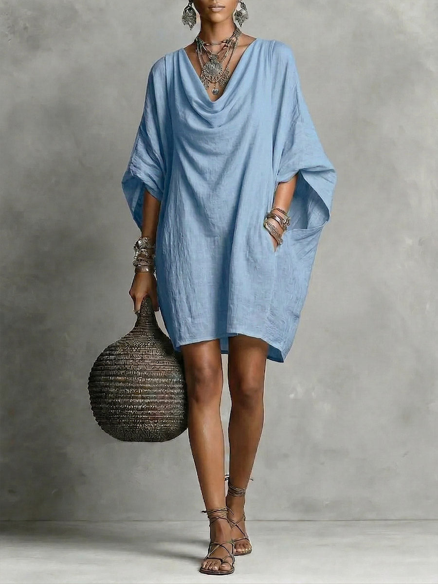 Teresa | Vestido curto fluído de algodão com gola descaída e manga larga