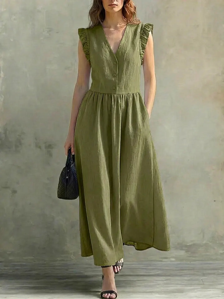 Selena | Vestido comprido leve com decote em V e detalhe nos ombros