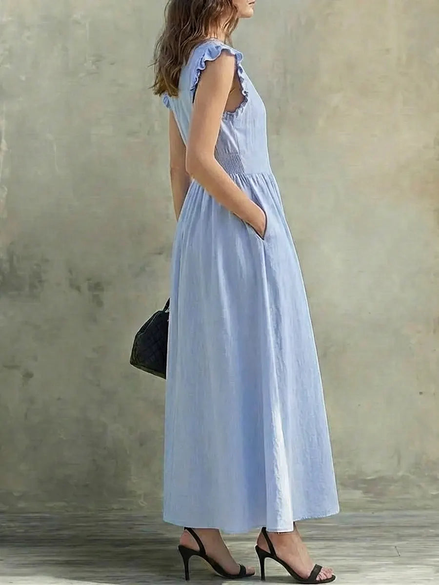 Selena | Vestido comprido leve com decote em V e detalhe nos ombros