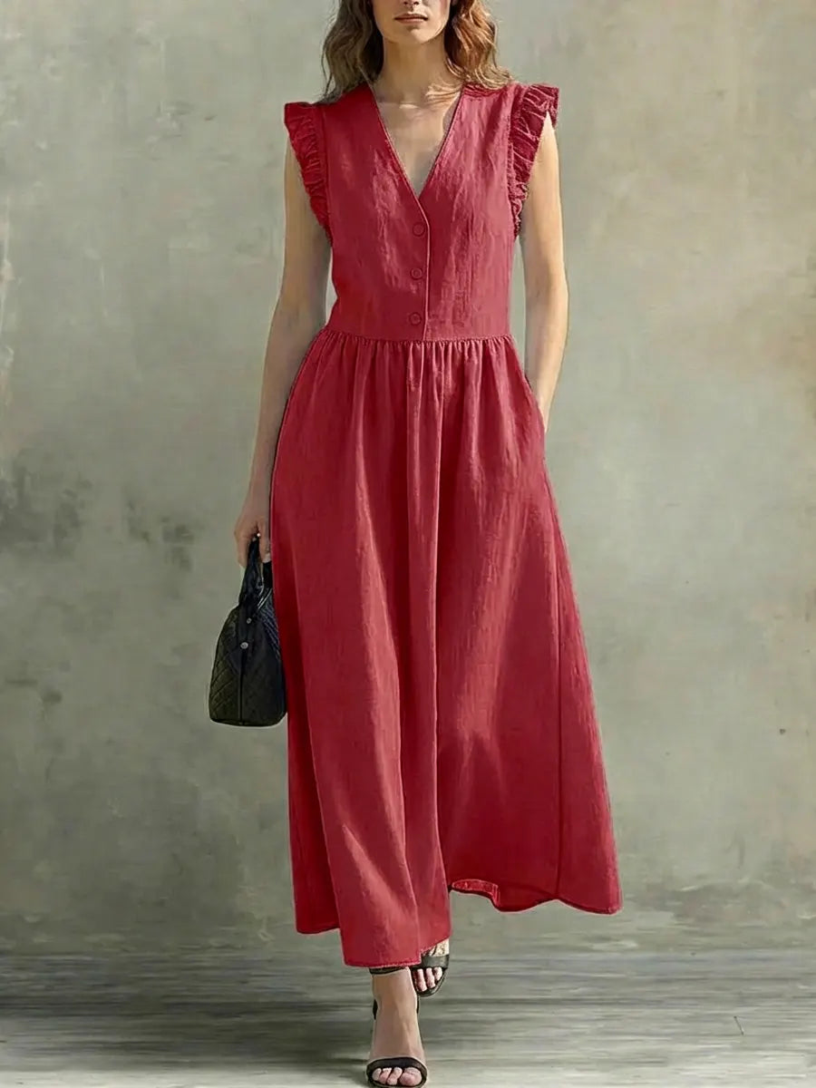Selena | Vestido comprido leve com decote em V e detalhe nos ombros