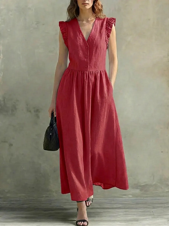 Selena | Vestido comprido leve com decote em V e detalhe nos ombros