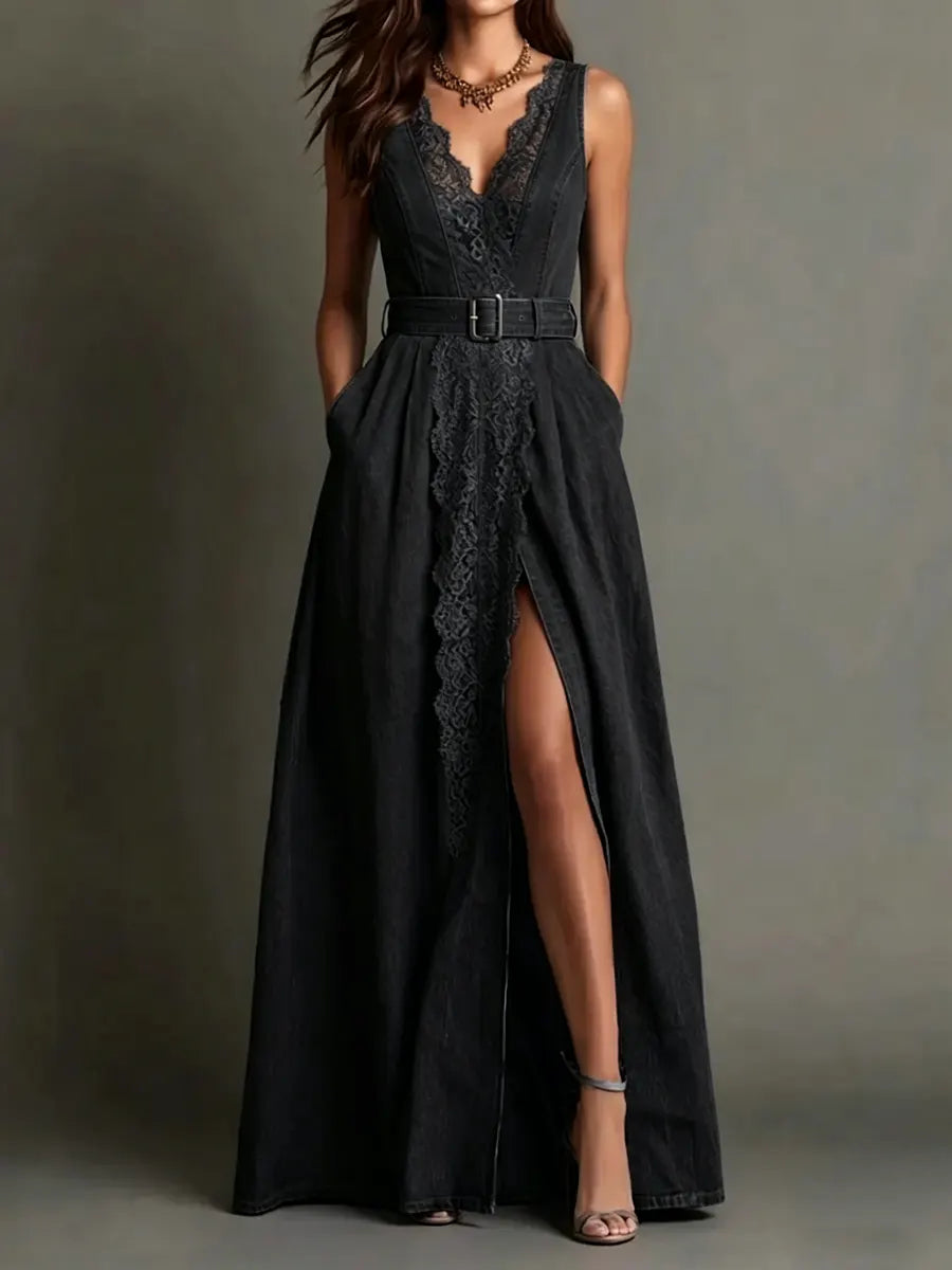 Aitana | Vestido de ganga de estilo de férias para mulher com renda, gola em V e sem mangas