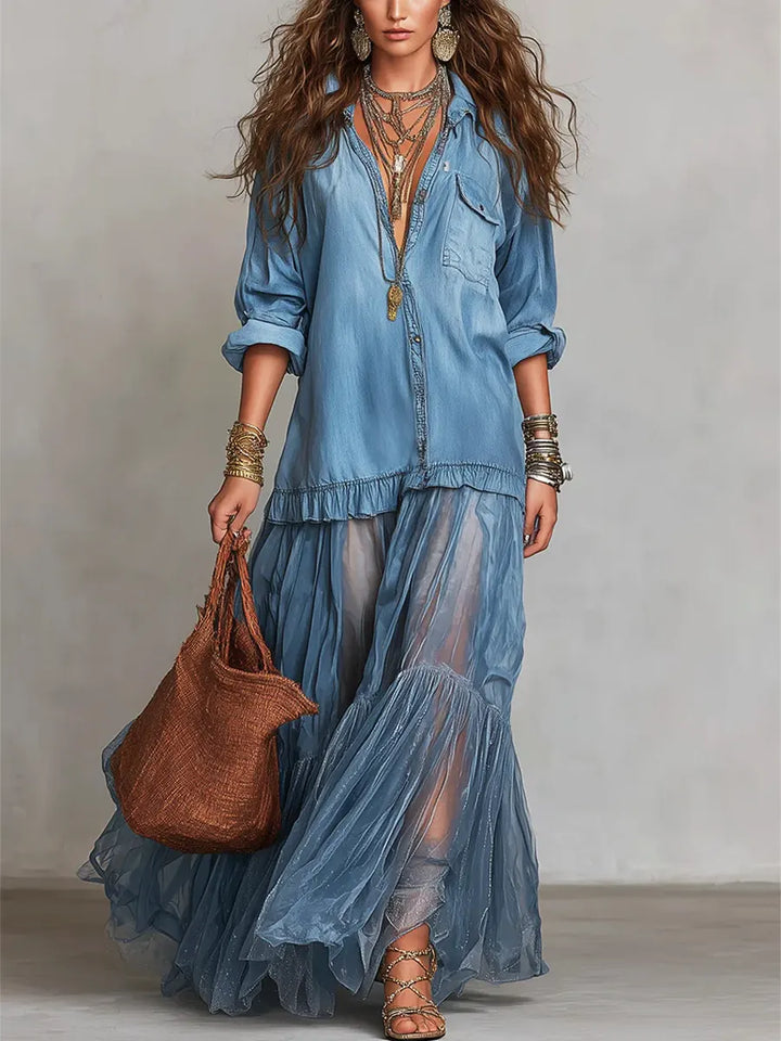 Jimena | Vestido comprido casual em ganga com retalhos e lapela retro para mulher