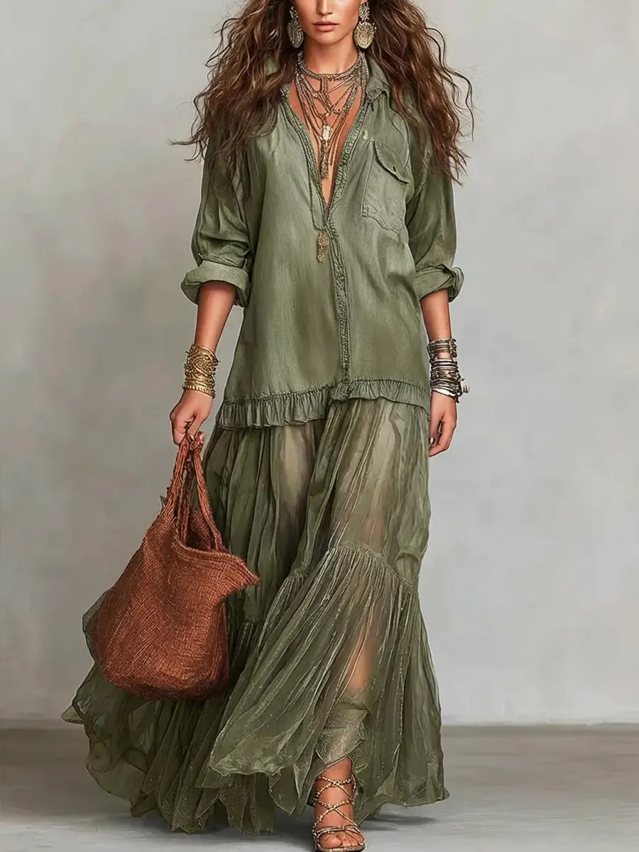 Jimena | Vestido comprido casual em ganga com retalhos e lapela retro para mulher