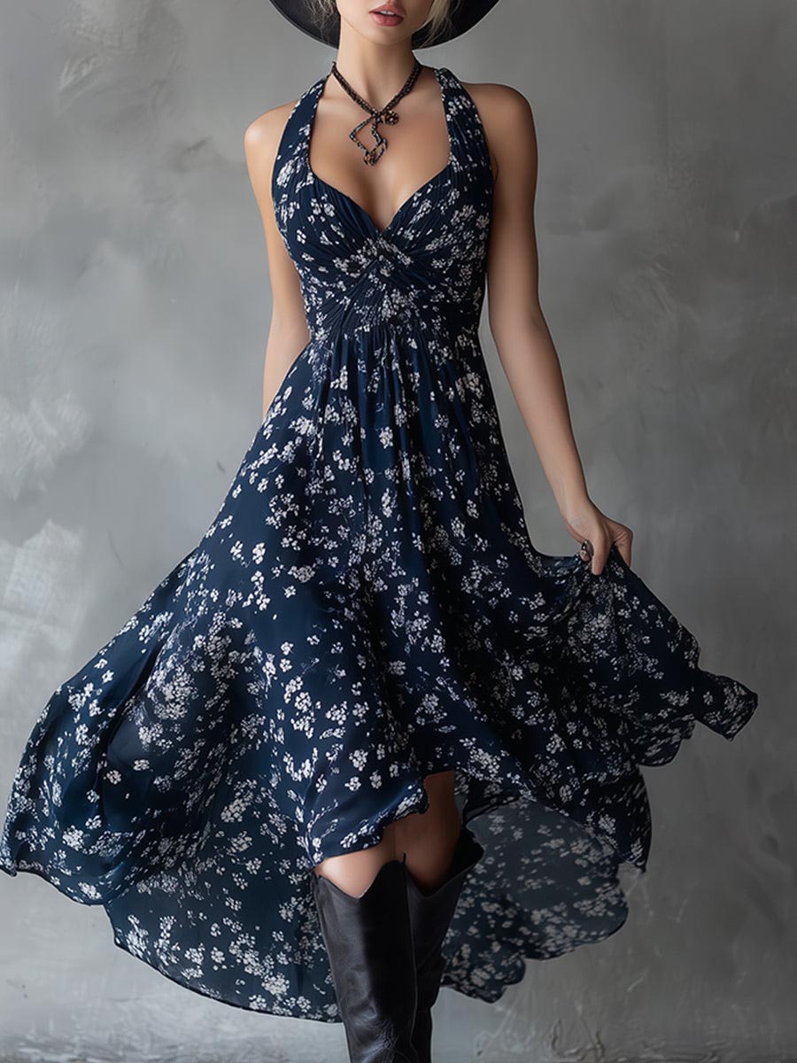 Nadia | Vestido fluido com decote em V e costas tipo halter