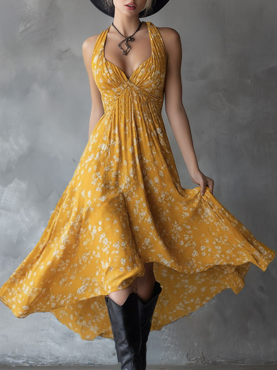 Nadia | Vestido fluido com decote em V e costas tipo halter