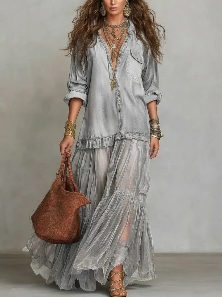 Jimena | Vestido comprido casual em ganga com retalhos e lapela retro para mulher