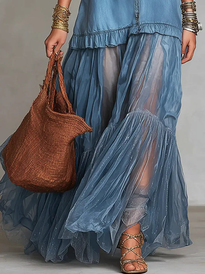Jimena | Vestido comprido casual em ganga com retalhos e lapela retro para mulher