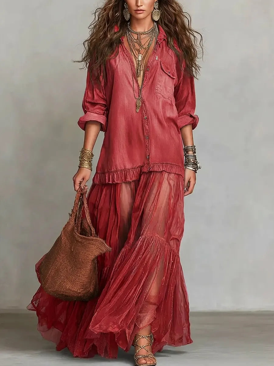Jimena | Vestido comprido casual em ganga com retalhos e lapela retro para mulher