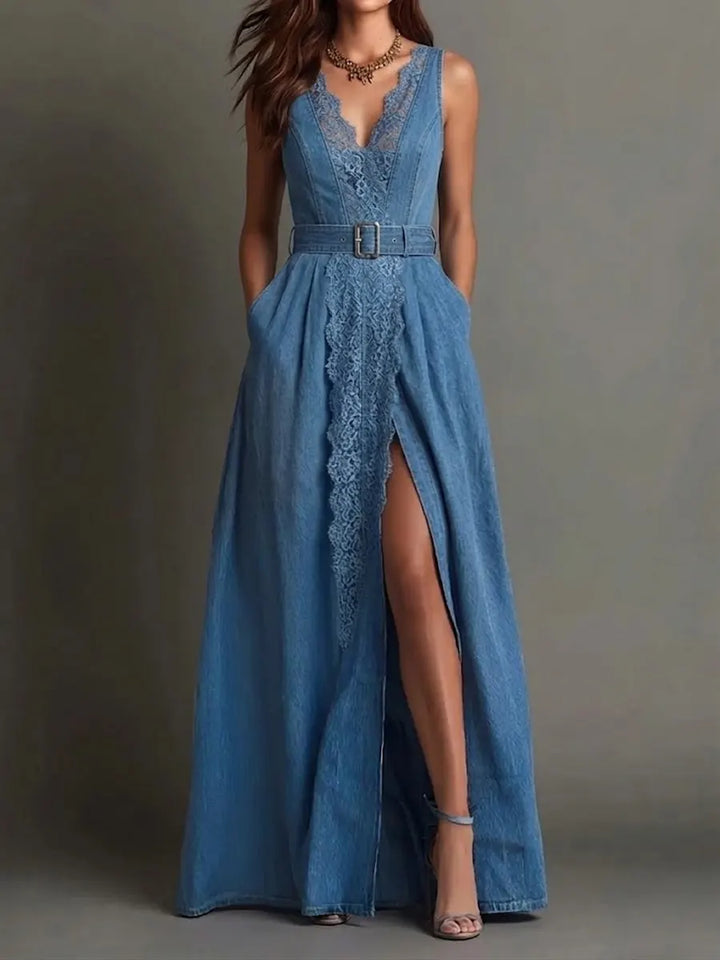 Aitana | Vestido de ganga de estilo de férias para mulher com renda, gola em V e sem mangas