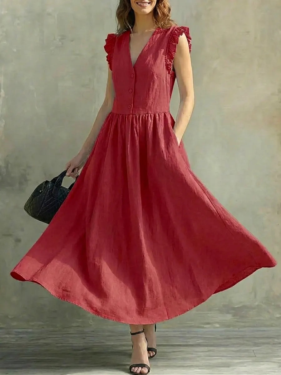 Selena | Vestido comprido leve com decote em V e detalhe nos ombros
