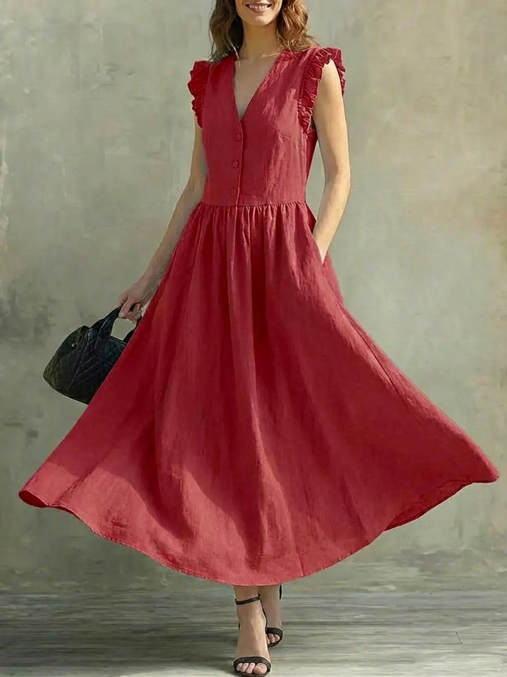 Selena | Vestido comprido leve com decote em V e detalhe nos ombros