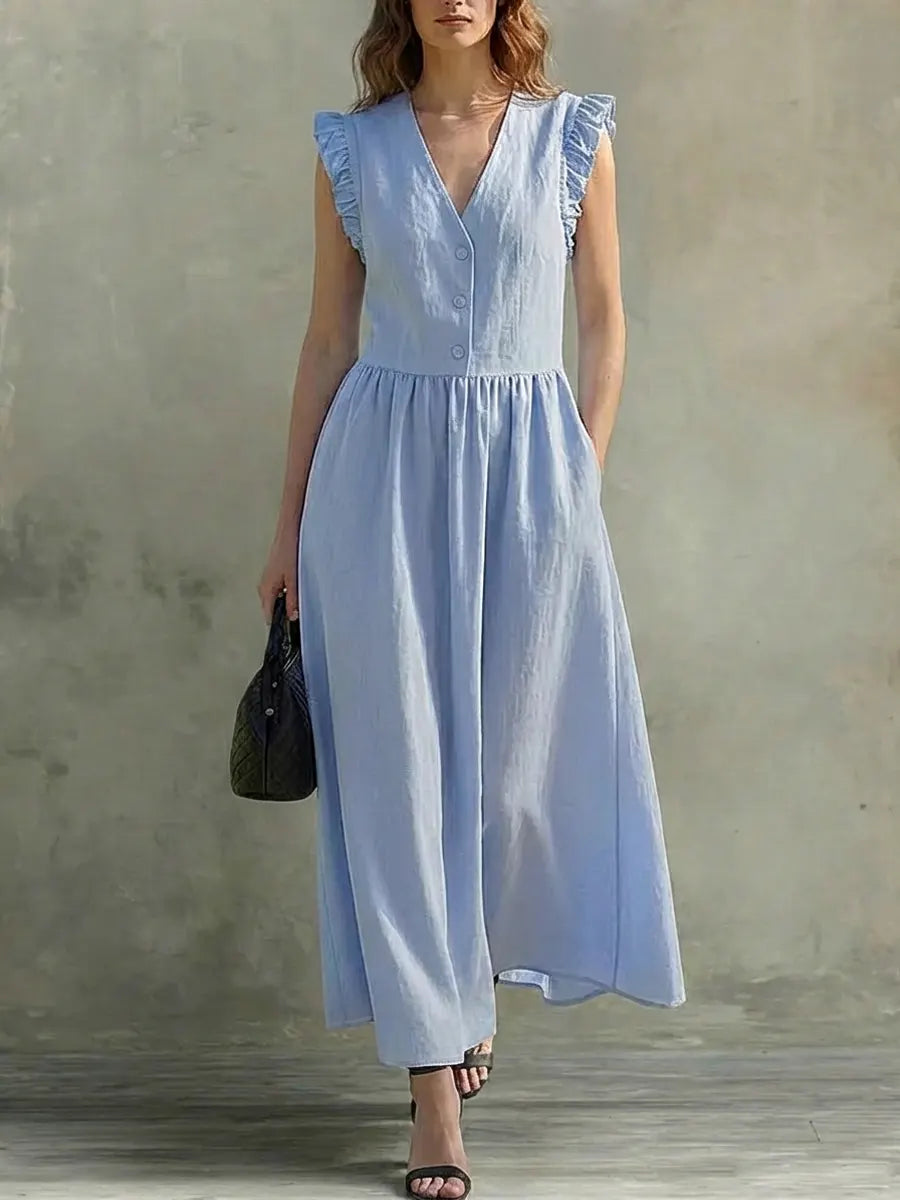 Selena | Vestido comprido leve com decote em V e detalhe nos ombros