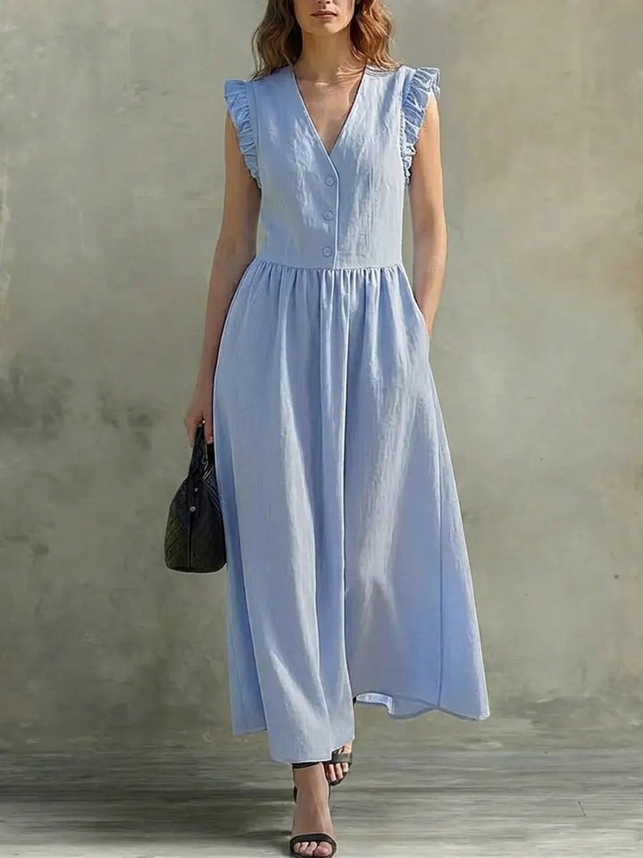 Selena | Vestido comprido leve com decote em V e detalhe nos ombros